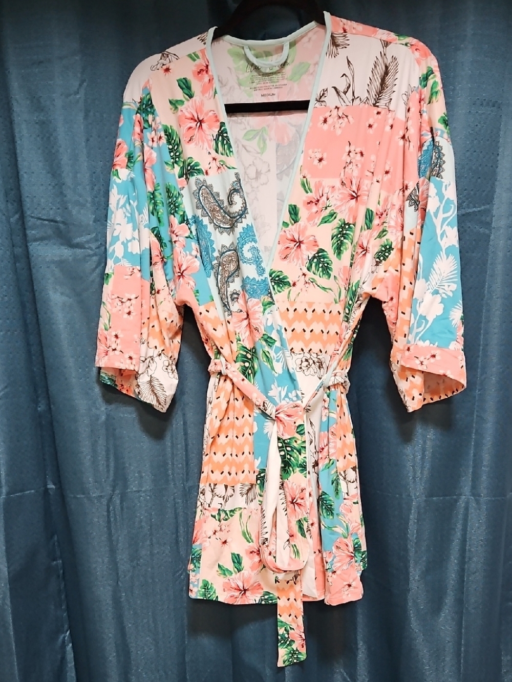 Floral Patchwork Short Robe - Peach & Blue